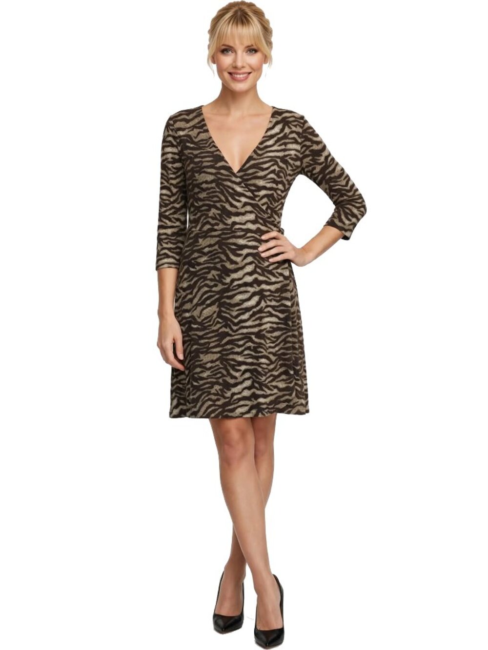𝅺Gilli Rayon Blend Dress Kitten Soft Faux Wrap Tiger Print Made USA Versatile